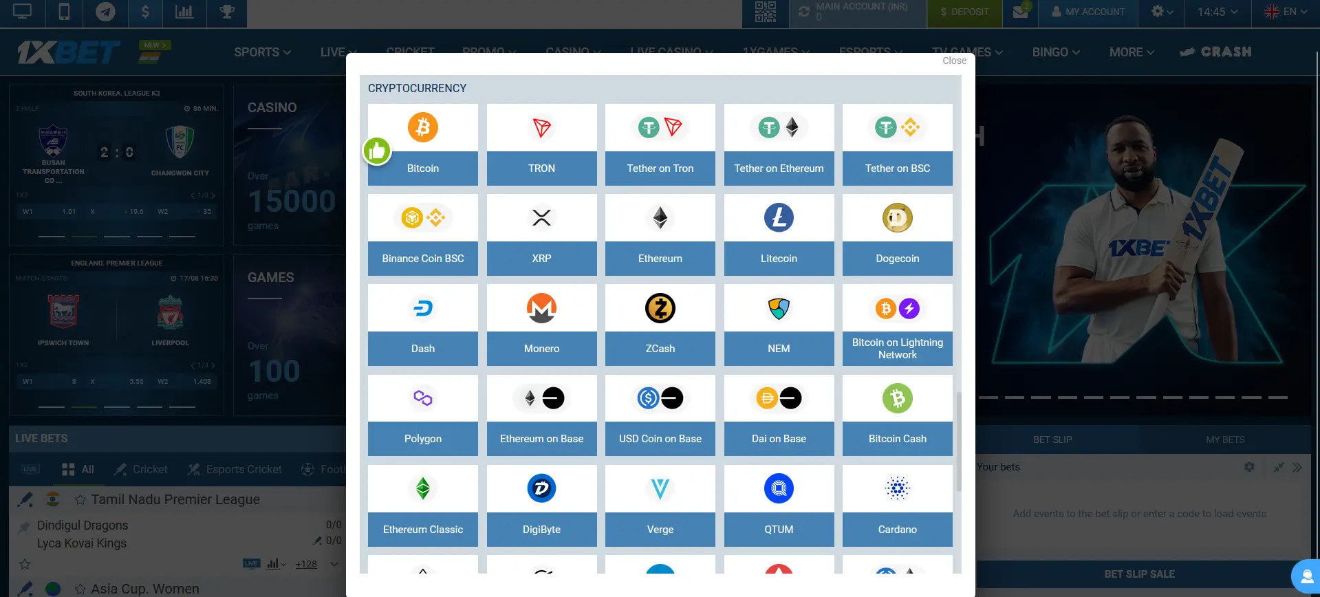 Cryptocurrencies at 1xBet in India