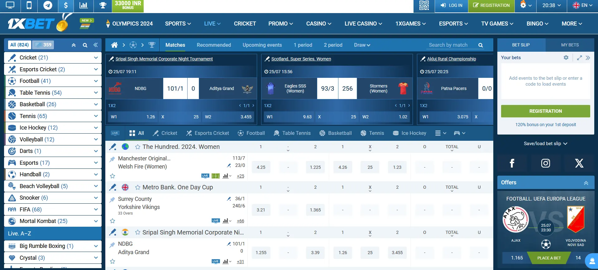 Live betting at 1xBet