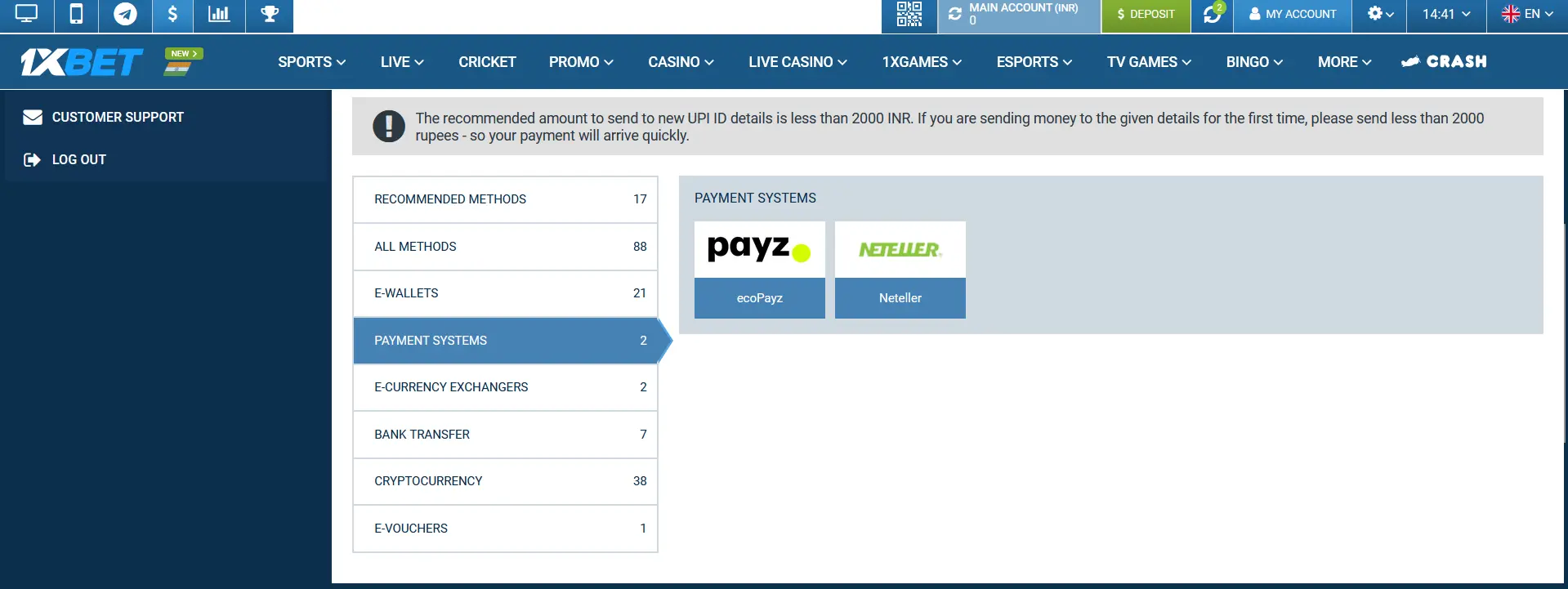 Payment systems at 1xBet