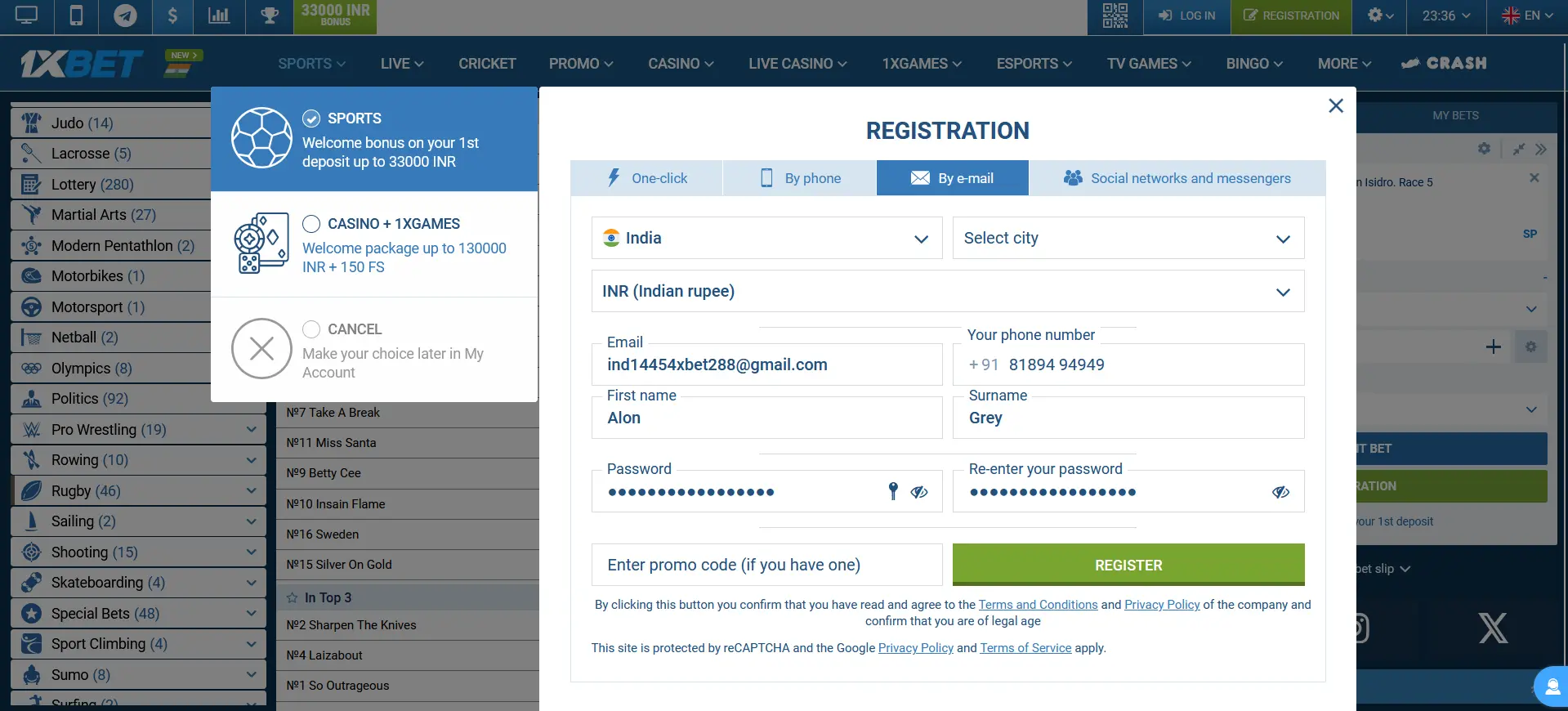 Registration by E-mail in 1xBet India