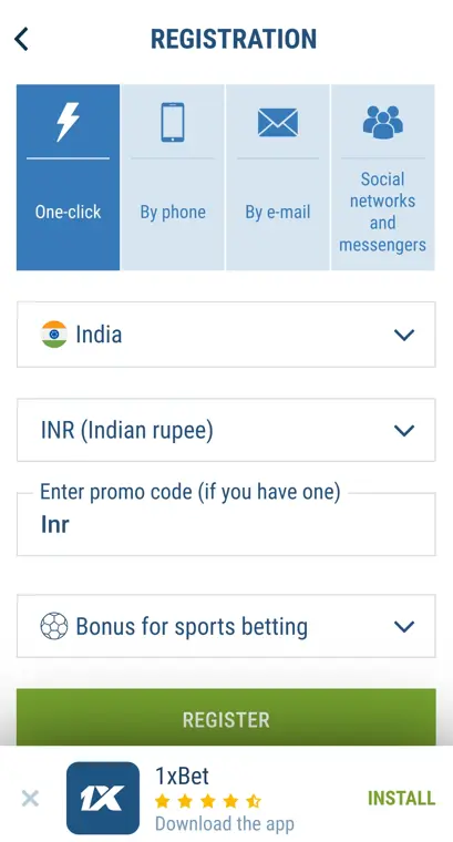 Registration in 1xBet mobile app on Android