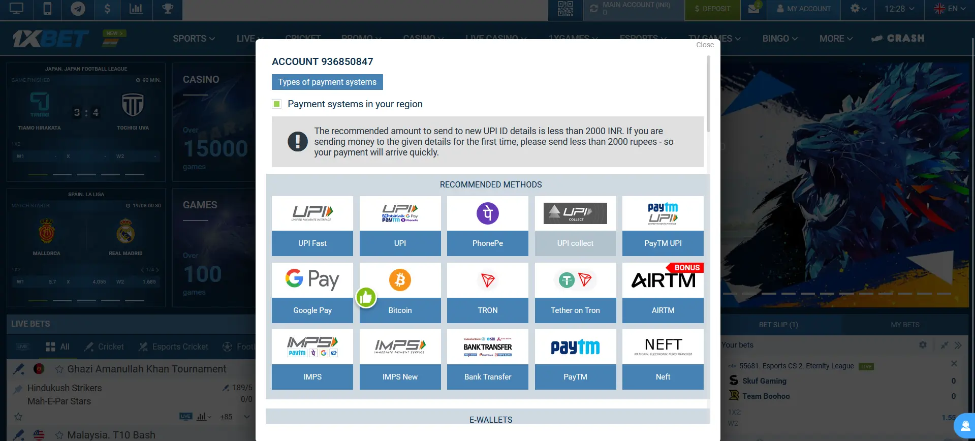 Withdrawal time, limits, and payment systems in 1xBet India